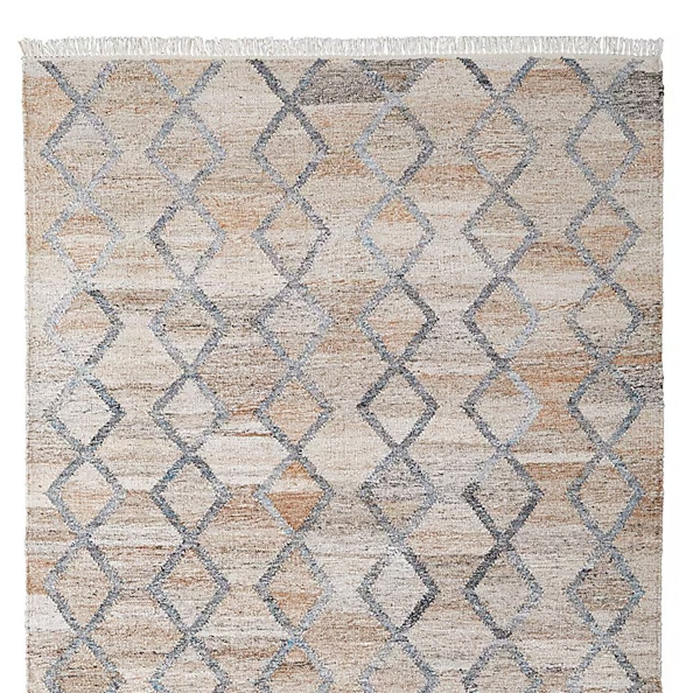 8' X 10' Gray and Ivory Geometric Hand Woven Area Rug With Fringe