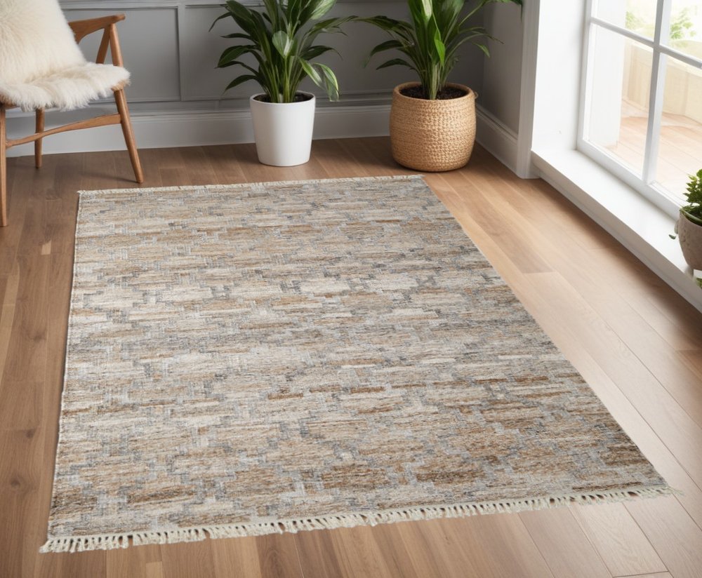 10' X 13' Tan Gray And Ivory Geometric Hand Woven Stain Resistant Area Rug With Fringe