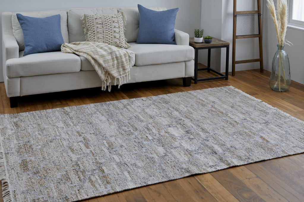 2' X 3' Tan Gray And Ivory Geometric Hand Woven Stain Resistant Area Rug With Fringe