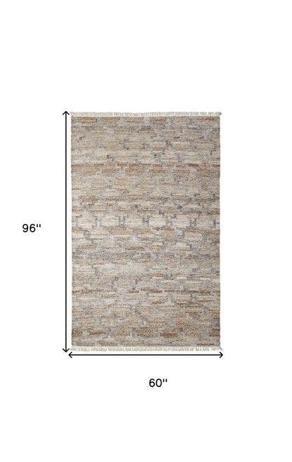 10' X 13' Tan Gray And Ivory Geometric Hand Woven Stain Resistant Area Rug With Fringe