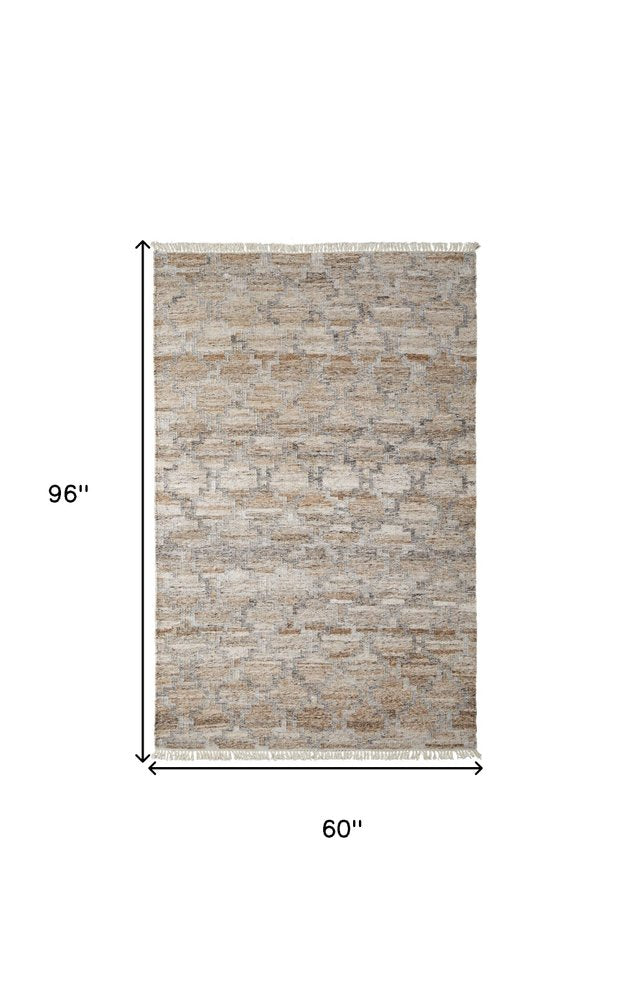 10' X 13' Tan Gray And Ivory Geometric Hand Woven Stain Resistant Area Rug With Fringe