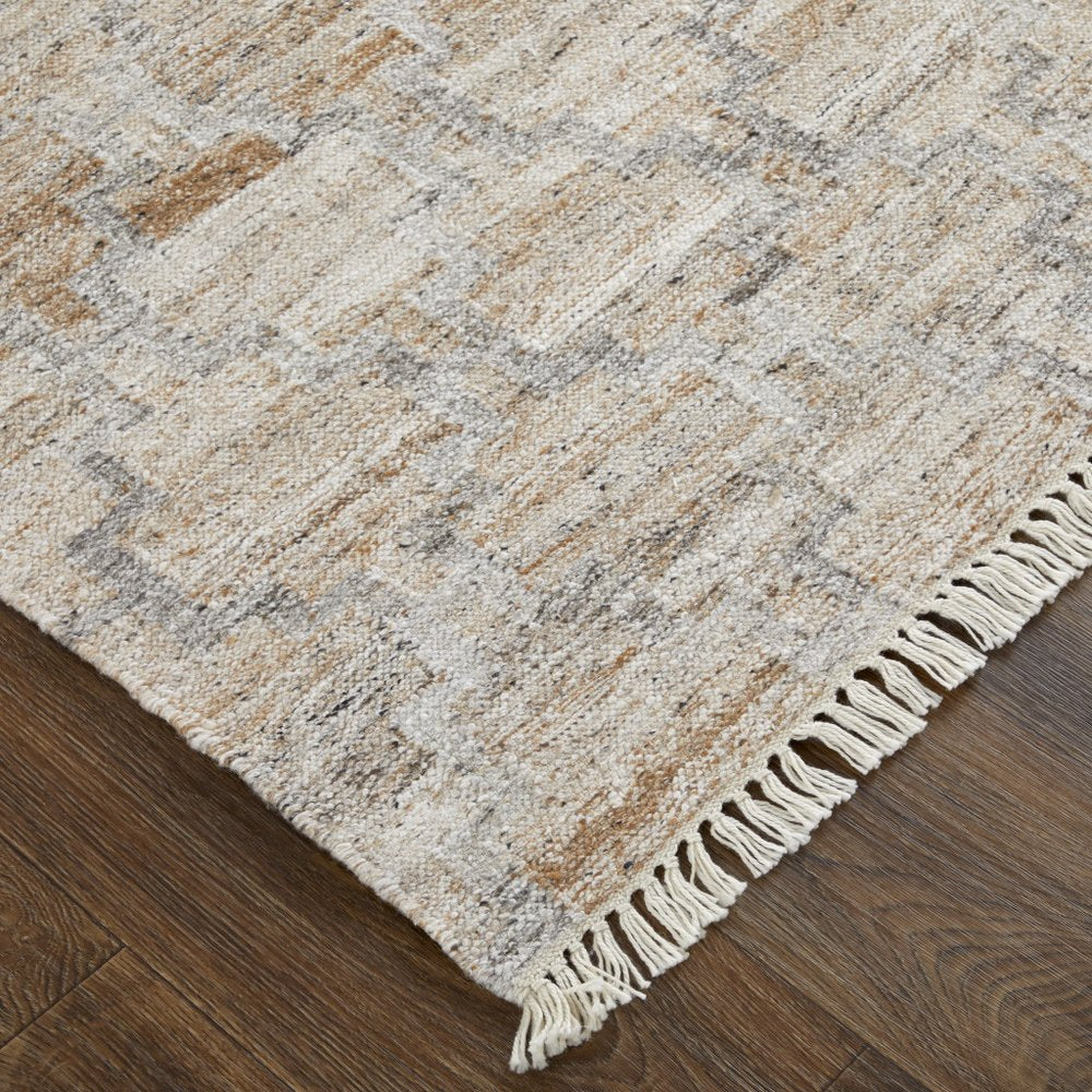 10' X 13' Tan Gray And Ivory Geometric Hand Woven Stain Resistant Area Rug With Fringe