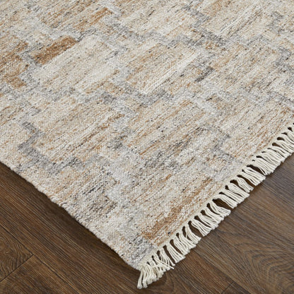 10' X 13' Tan Gray And Ivory Geometric Hand Woven Stain Resistant Area Rug With Fringe