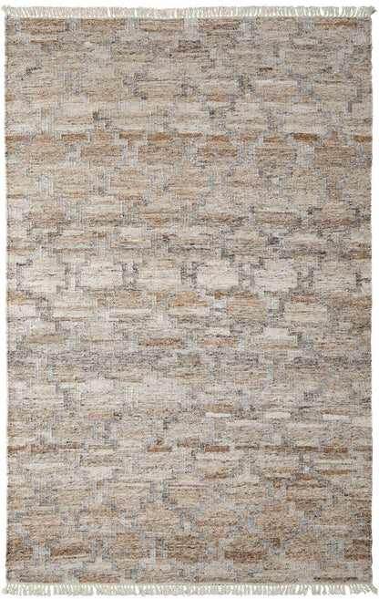 10' X 13' Tan Gray And Ivory Geometric Hand Woven Stain Resistant Area Rug With Fringe