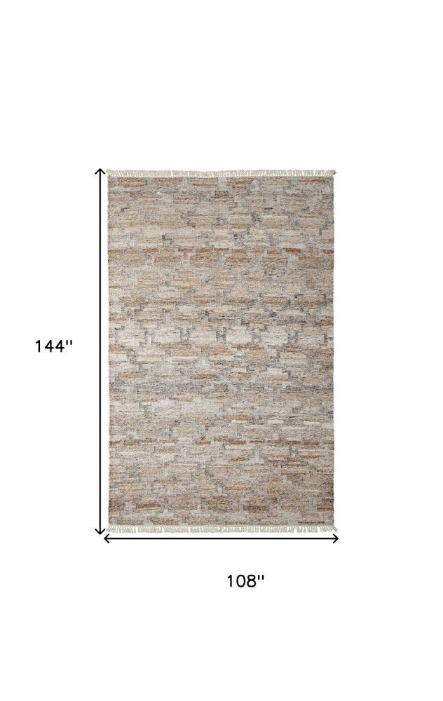 10' X 13' Tan Gray And Ivory Geometric Hand Woven Stain Resistant Area Rug With Fringe