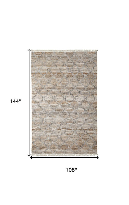 10' X 13' Tan Gray And Ivory Geometric Hand Woven Stain Resistant Area Rug With Fringe