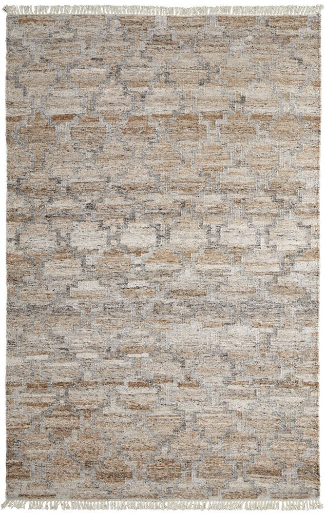 10' X 13' Tan Gray And Ivory Geometric Hand Woven Stain Resistant Area Rug With Fringe