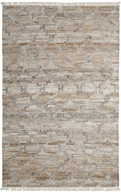 10' X 13' Tan Gray And Ivory Geometric Hand Woven Stain Resistant Area Rug With Fringe