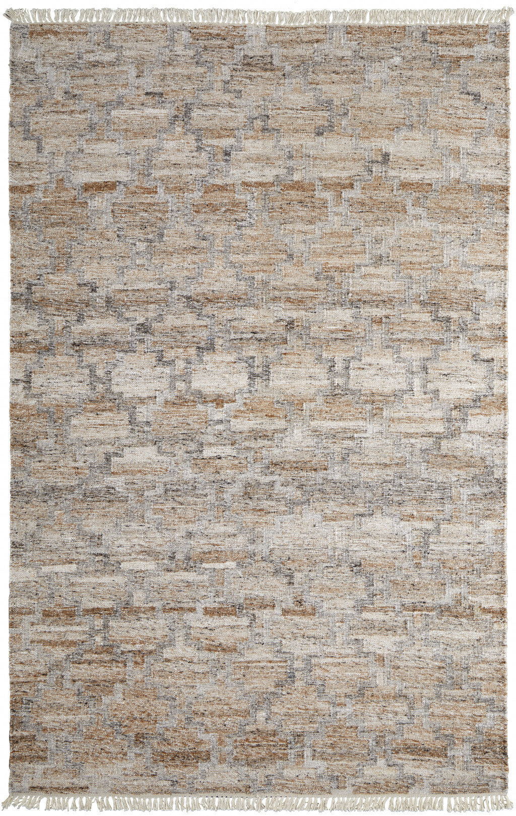 2' X 3' Tan Gray And Ivory Geometric Hand Woven Stain Resistant Area Rug With Fringe