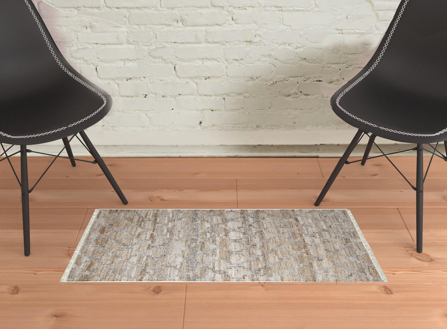 2' X 3' Tan Gray And Ivory Geometric Hand Woven Stain Resistant Area Rug With Fringe