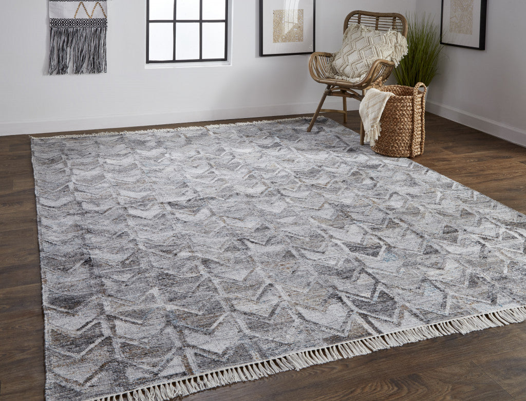 9' X 12' Gray Silver And Taupe Geometric Hand Woven Stain Resistant Area Rug With Fringe