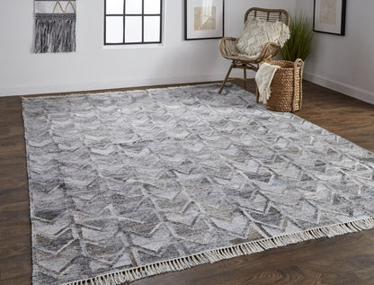 5' X 8' Gray And Black Geometric Hand Woven Area Rug With Fringe