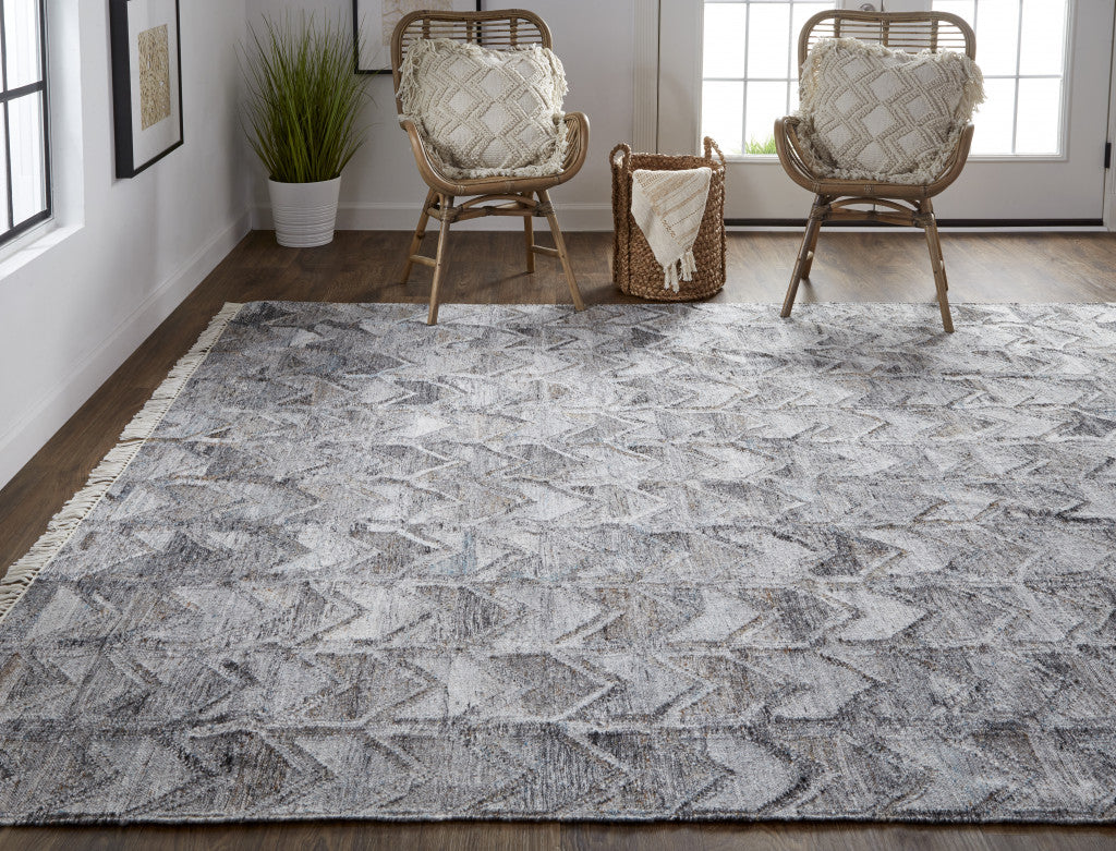 9' X 12' Gray Silver And Taupe Geometric Hand Woven Stain Resistant Area Rug With Fringe