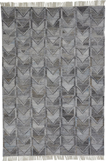 5' X 8' Gray And Black Geometric Hand Woven Area Rug With Fringe