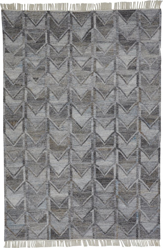 5' X 8' Gray And Black Geometric Hand Woven Area Rug With Fringe