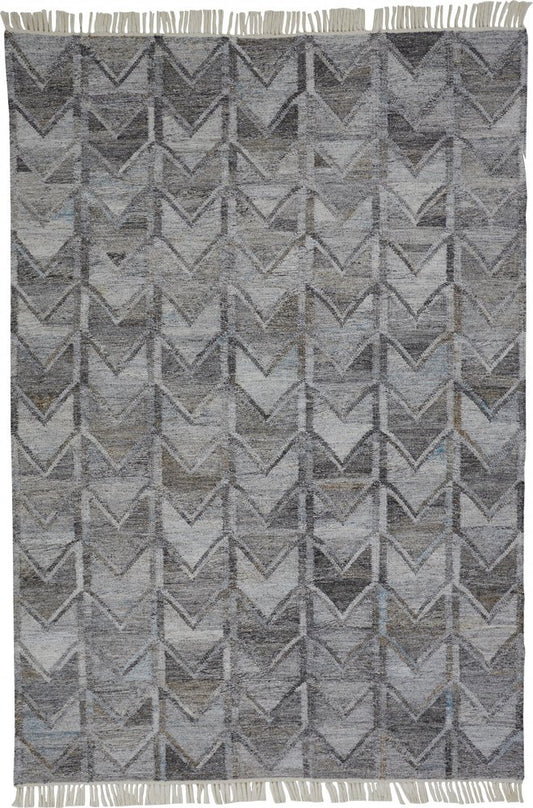 5' X 8' Gray And Black Geometric Hand Woven Area Rug With Fringe