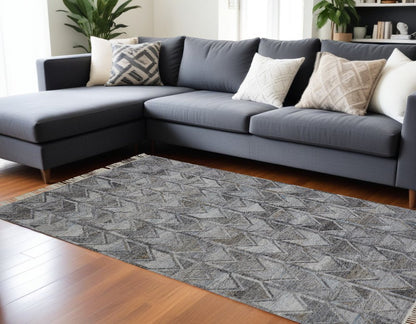 5' X 8' Gray And Black Geometric Hand Woven Area Rug With Fringe