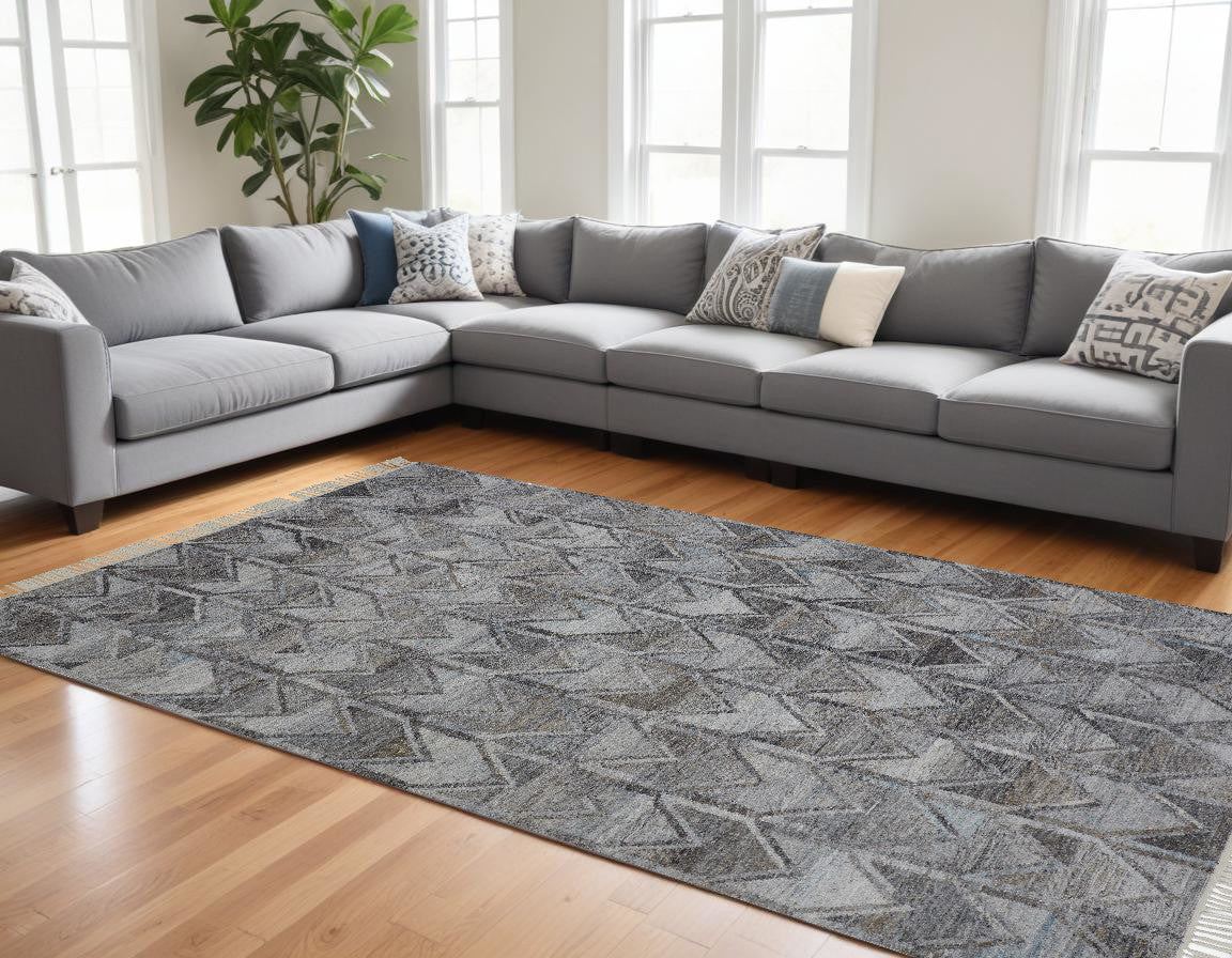 9' X 12' Gray Silver And Taupe Geometric Hand Woven Stain Resistant Area Rug With Fringe