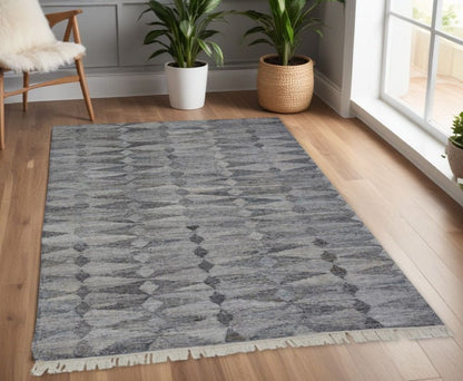 10' X 13' Gray and Black Geometric Hand Woven Area Rug With Fringe