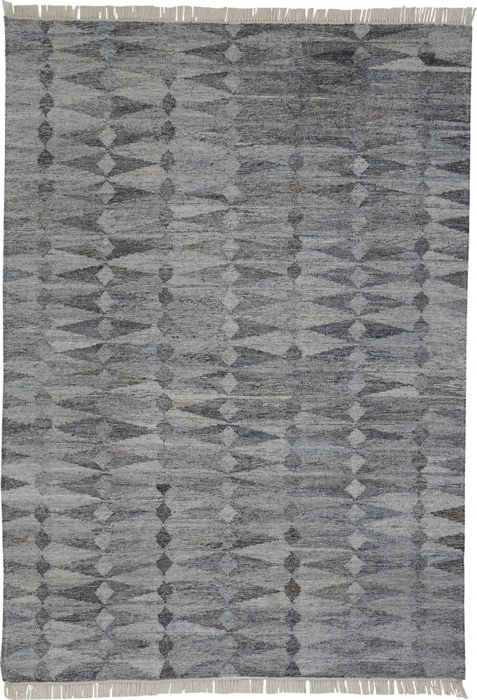 10' X 13' Gray and Black Geometric Hand Woven Area Rug With Fringe