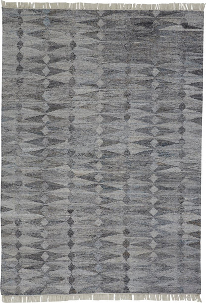 10' X 13' Gray and Black Geometric Hand Woven Area Rug With Fringe