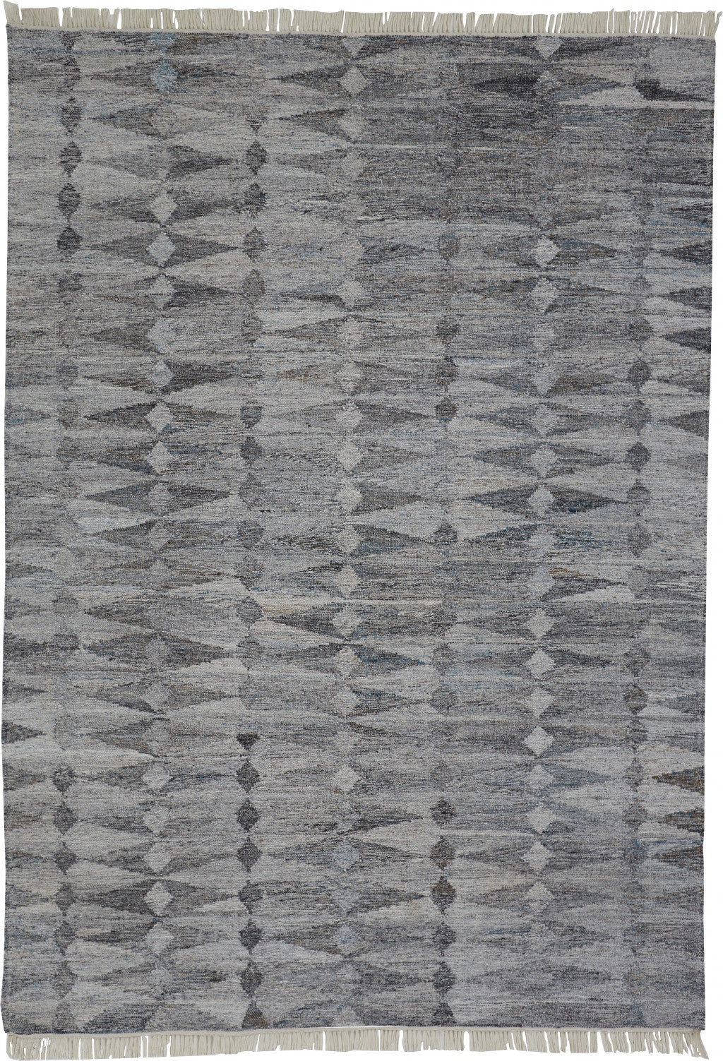 4' X 6' Gray Silver And Ivory Geometric Hand Woven Stain Resistant Area Rug With Fringe