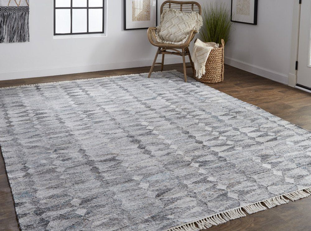 10' X 13' Gray and Black Geometric Hand Woven Area Rug With Fringe