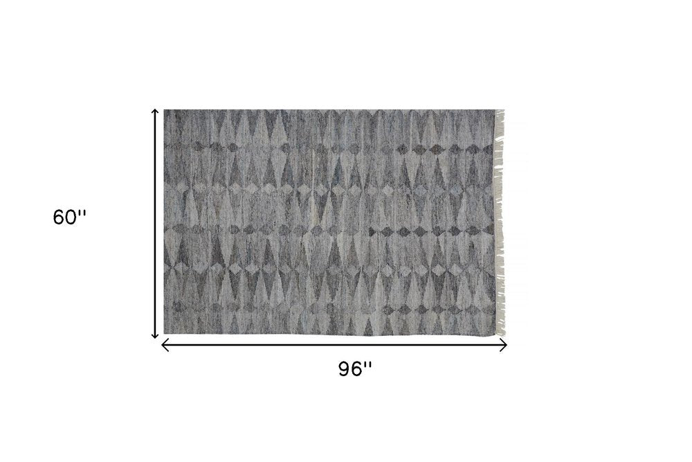 10' X 13' Gray and Black Geometric Hand Woven Area Rug With Fringe