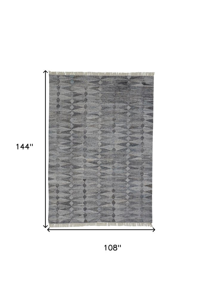 10' X 13' Gray and Black Geometric Hand Woven Area Rug With Fringe