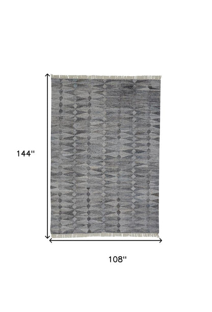 10' X 13' Gray and Black Geometric Hand Woven Area Rug With Fringe