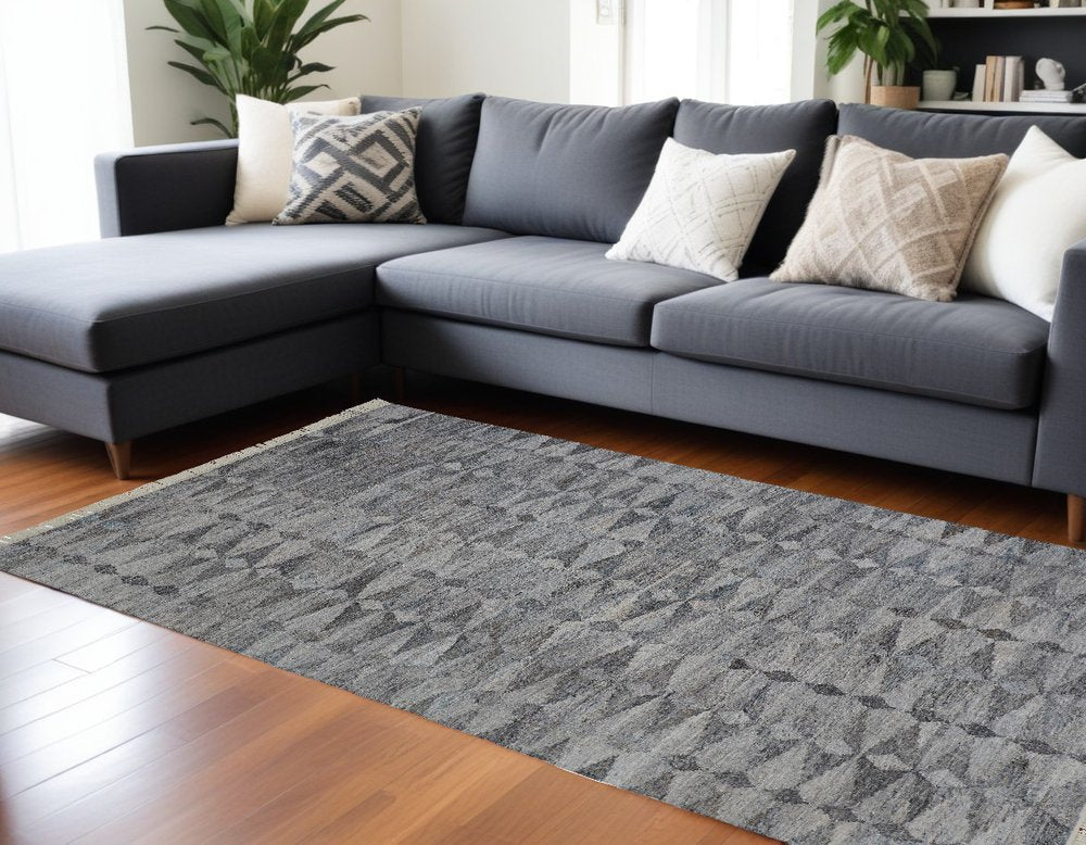 10' X 13' Gray and Black Geometric Hand Woven Area Rug With Fringe