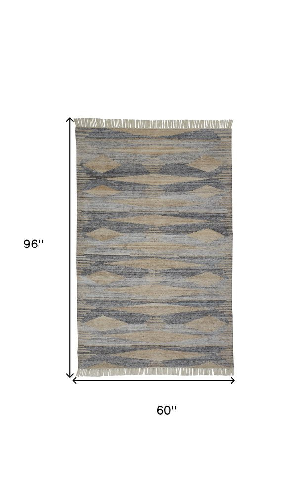 5' X 8' Gray Black And Brown Abstract Hand Woven Area Rug With Fringe