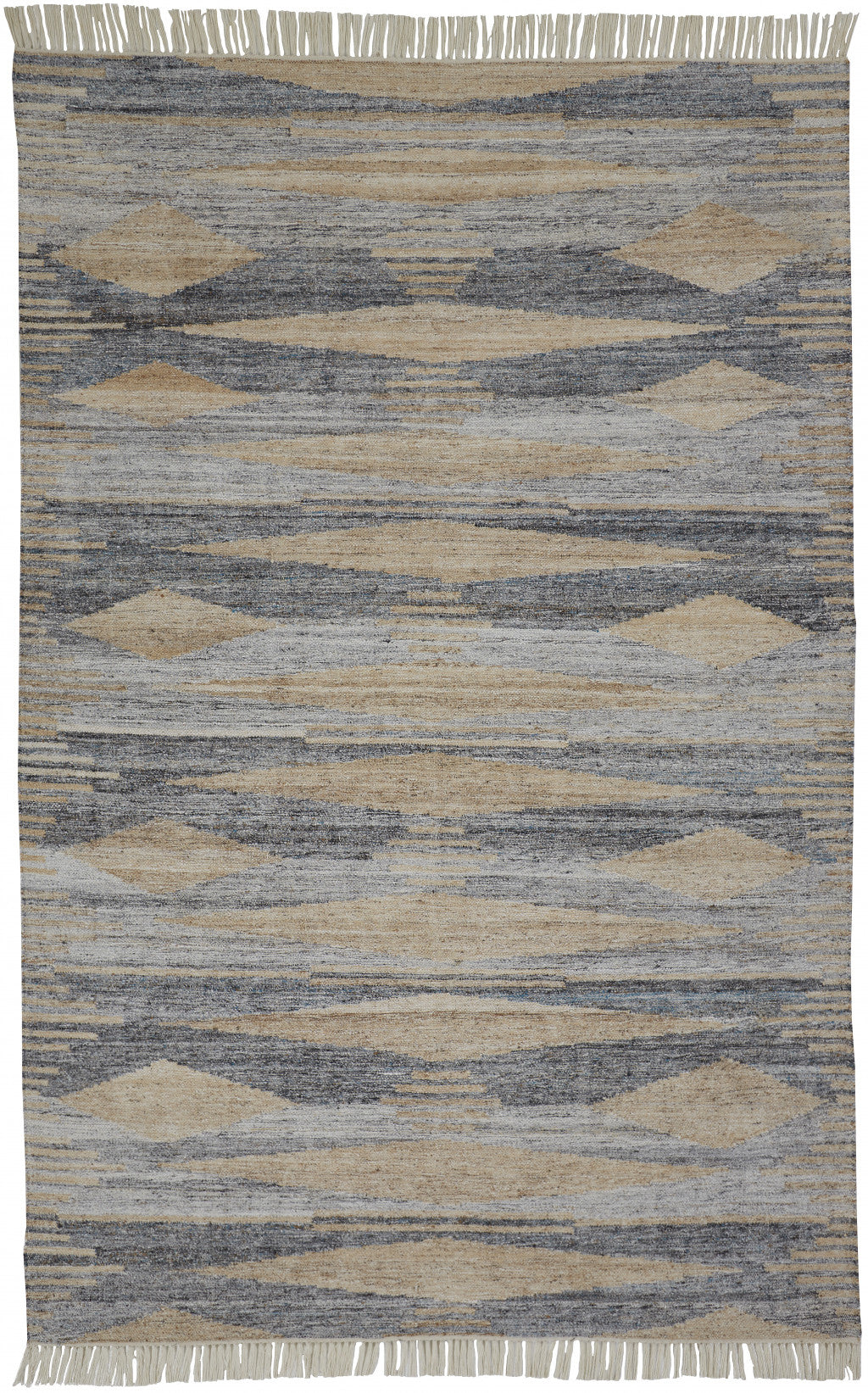 5' X 8' Gray Tan And Silver Abstract Hand Woven Stain Resistant Area Rug With Fringe