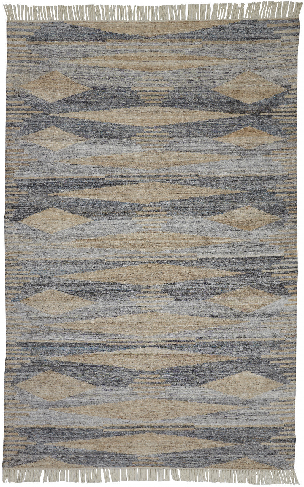 5' X 8' Gray Tan And Silver Abstract Hand Woven Stain Resistant Area Rug With Fringe