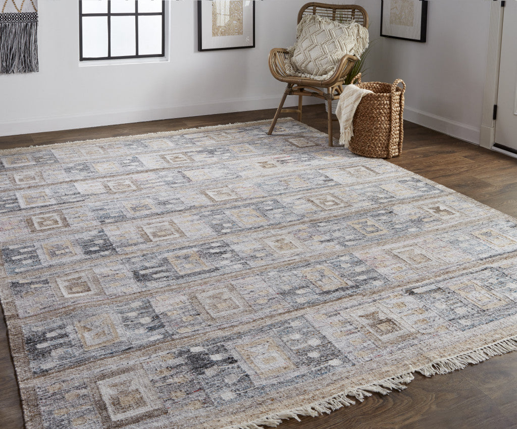 9' X 12' Gray Taupe And Tan Geometric Hand Woven Stain Resistant Area Rug With Fringe