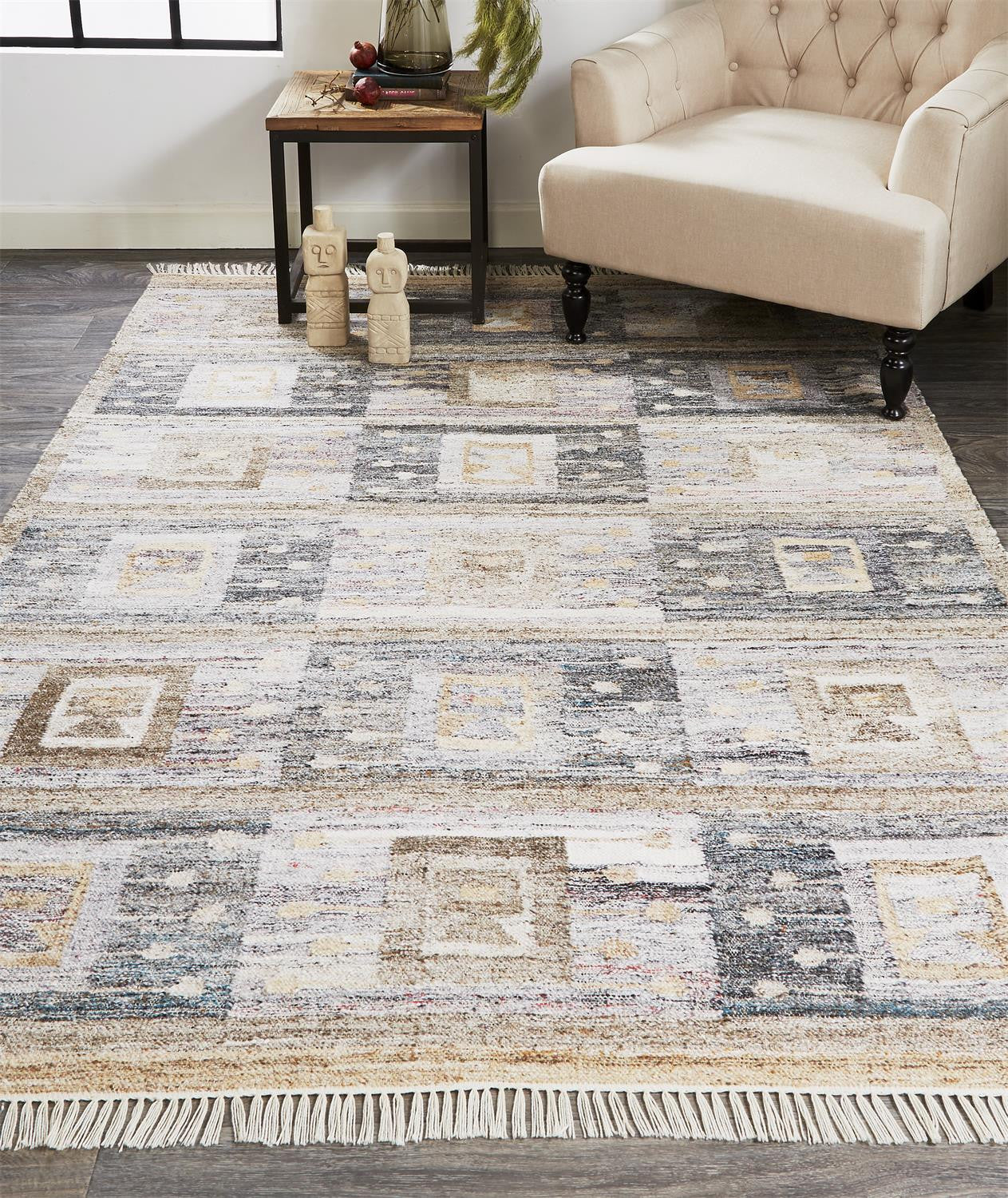 9' X 12' Gray Taupe And Tan Geometric Hand Woven Stain Resistant Area Rug With Fringe