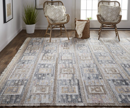 5' X 8' Gray Black And Brown Geometric Hand Woven Area Rug With Fringe