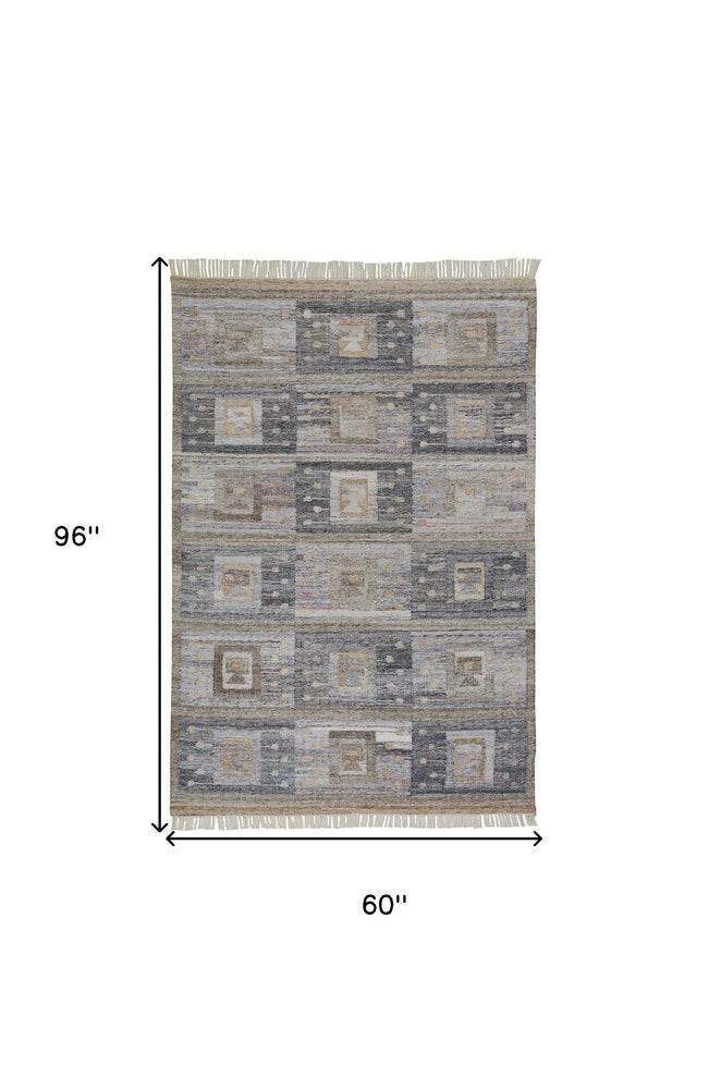 5' X 8' Gray Black And Brown Geometric Hand Woven Area Rug With Fringe