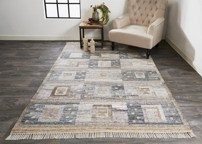 5' X 8' Gray Black And Brown Geometric Hand Woven Area Rug With Fringe