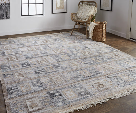 5' X 8' Gray Taupe And Tan Geometric Hand Woven Stain Resistant Area Rug With Fringe