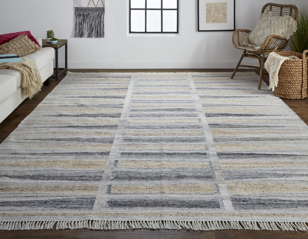 5' X 8' Gray Black And Brown Geometric Hand Woven Area Rug With Fringe