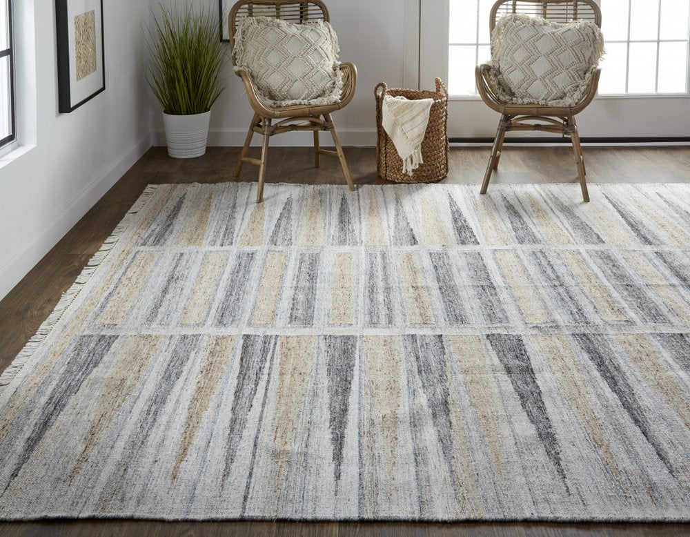 5' X 8' Gray Black And Brown Geometric Hand Woven Area Rug With Fringe