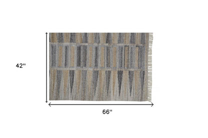 5' X 8' Gray Black And Brown Geometric Hand Woven Area Rug With Fringe