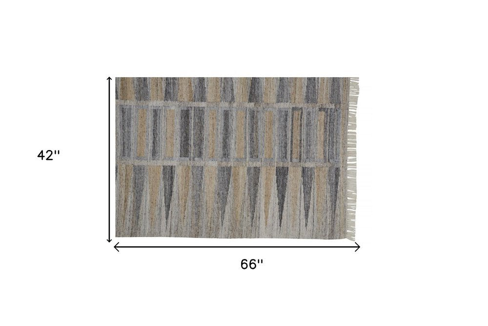 5' X 8' Gray Black And Brown Geometric Hand Woven Area Rug With Fringe