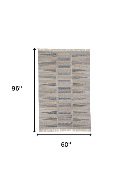 5' X 8' Gray Black And Brown Geometric Hand Woven Area Rug With Fringe
