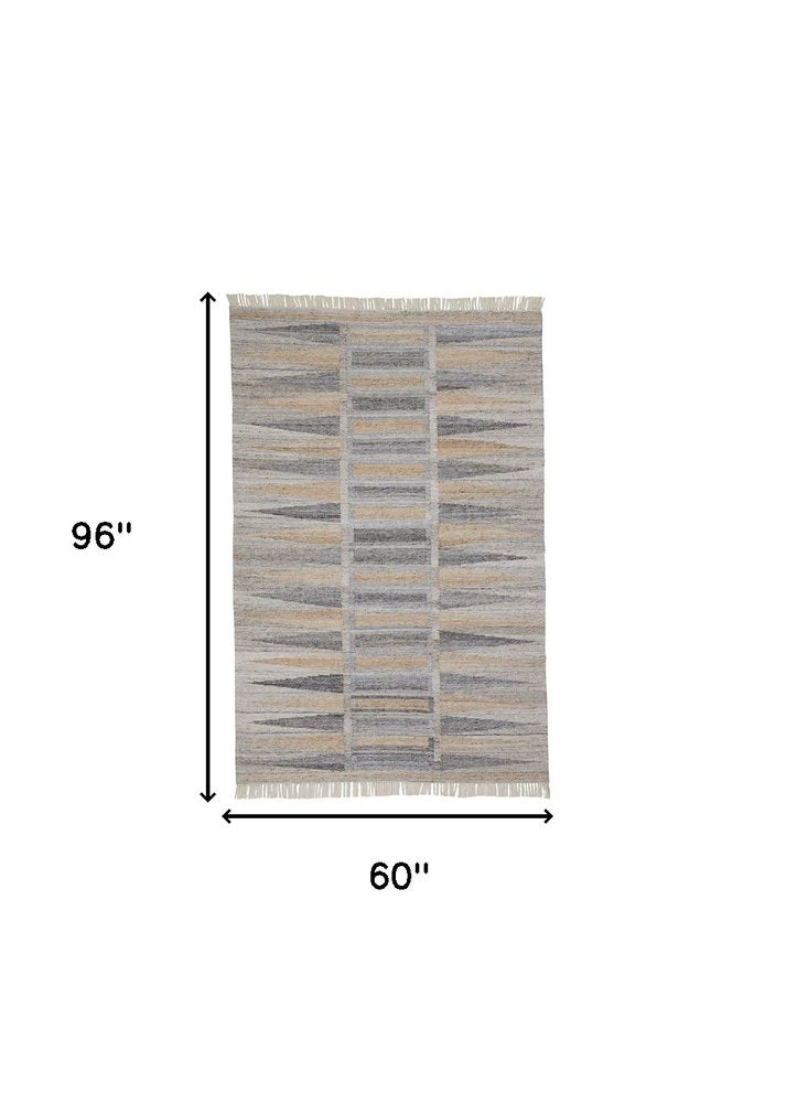 5' X 8' Gray Black And Brown Geometric Hand Woven Area Rug With Fringe