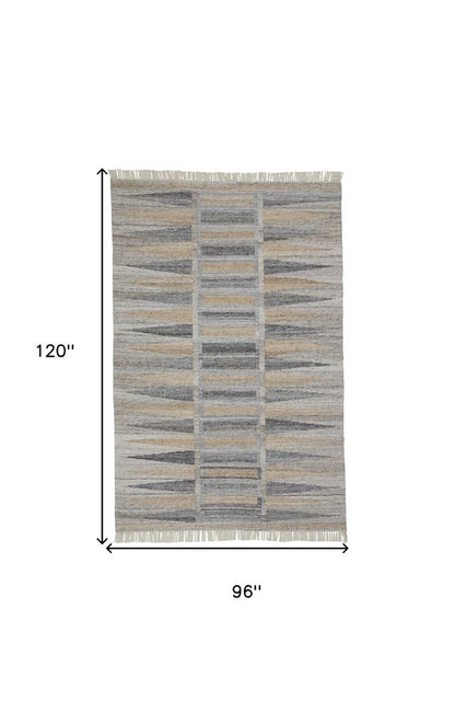 5' X 8' Gray Black And Brown Geometric Hand Woven Area Rug With Fringe