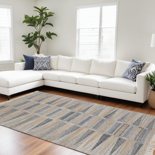 8' X 10' Tan Gray And Taupe Geometric Hand Woven Stain Resistant Area Rug With Fringe