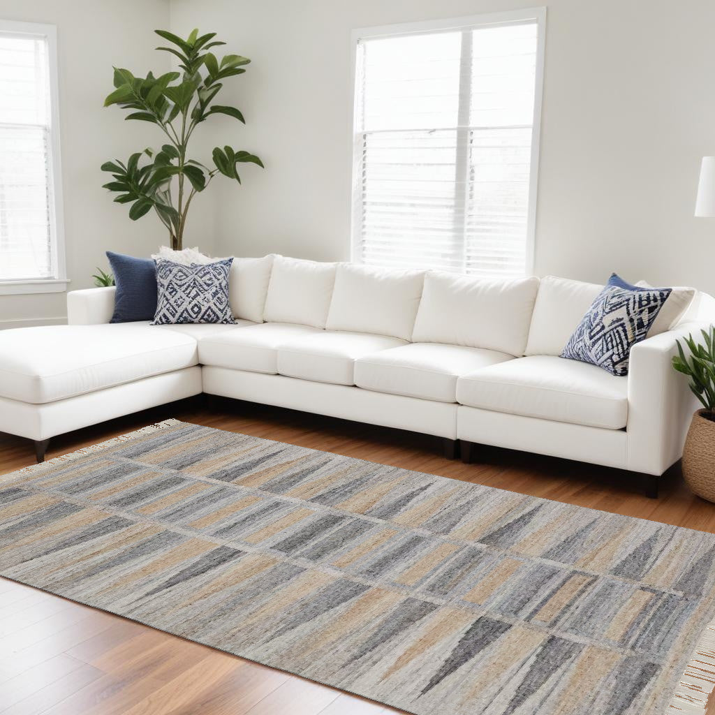 4' X 6' Tan Gray And Taupe Geometric Hand Woven Stain Resistant Area Rug With Fringe