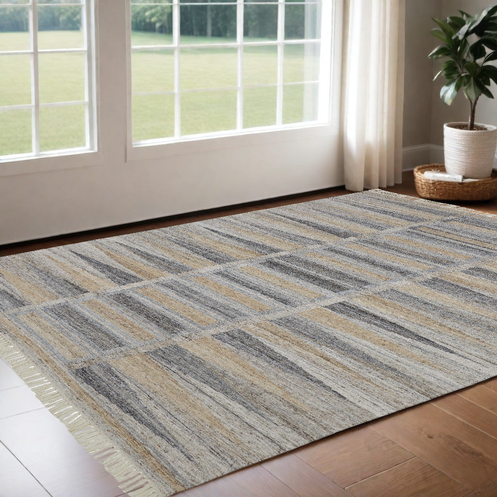 4' X 6' Tan Gray And Taupe Geometric Hand Woven Stain Resistant Area Rug With Fringe